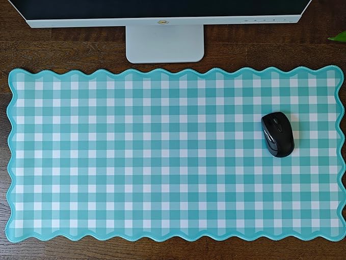 Scalloped Teal Green Checkered Desk Mat Cute Pastel Large Gaming Mouse Pad Gingham Kawaii Cottagecore Vintage Girly Keyboard Computer Mat Aesthetic Desk Pad Accessories Office Decor for Women