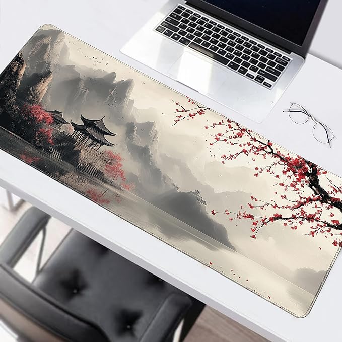 Long Gaming Mouse Pad Extended Anime Large Desk Pad with Non-Slip Base Full Keyboard Mat with Stitched Edges for Gaming and Office 31.5 x 11.8 inches (Lake Cherry Blossom)