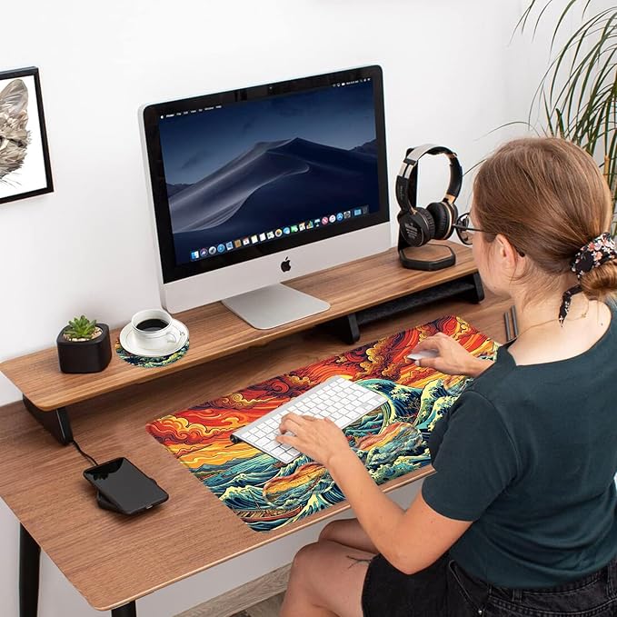 Ergonomic Mouse Pad Set with Wrist Support for Keyboard and Wrist Rest for Mouse, Memory Foam Comfort, Non-Slip Large Desk Mat for Home Office Pain Relief,Retro Japanese Waves