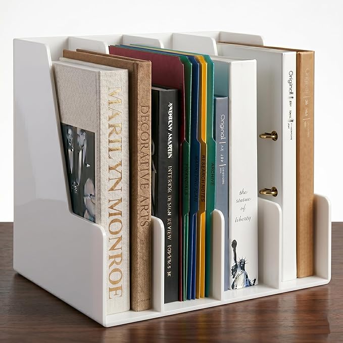 LALOBLUE White Vertical File Organizer, 4 Section Magazine Holder for Desk, Desktop File Folder Rack for Books, Magazines, Documents and Notebooks, Office Home School