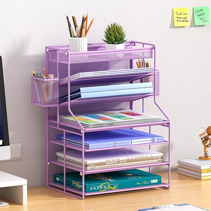 Purple 7 Tier Desktop File Organizer, Letter Tray Paper Organizer with Pen Holder and Metal Hanging Basket, Vertical Desk File Holder for Home Office Organization