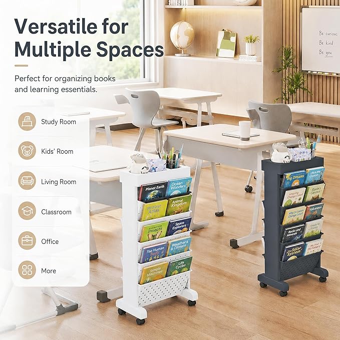 6-Tier Mobile Bookshelf, Rolling Bookcase Book Storage Rack, Movable File Folder Organizer Cart with Wheels for Home Study Office Living Room Classroom, White
