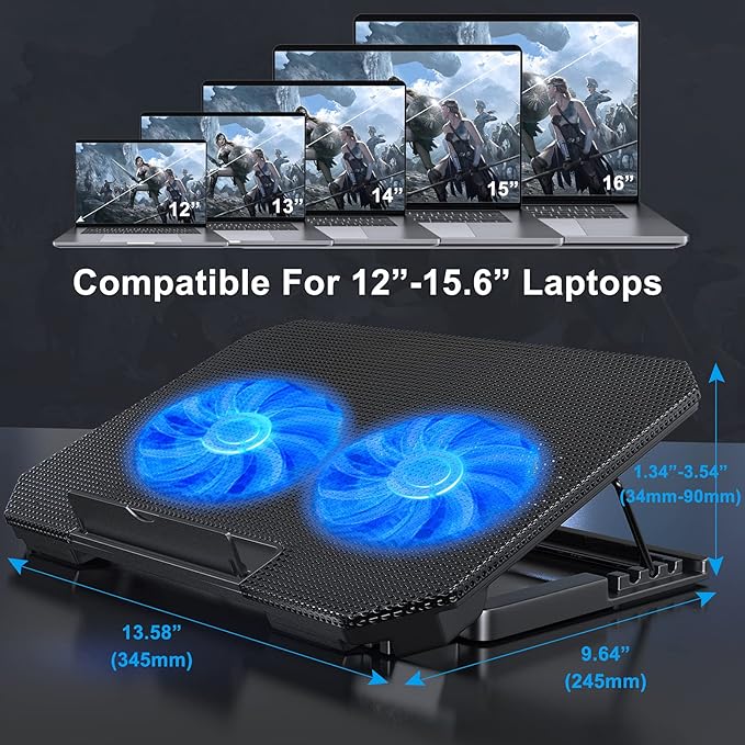 LIENS Laptop Cooling Pad with Adjustable Height Two 5.1 Inches Fan 2 USB Ports Suitable for 12"-15.6" Laptops(Black)
