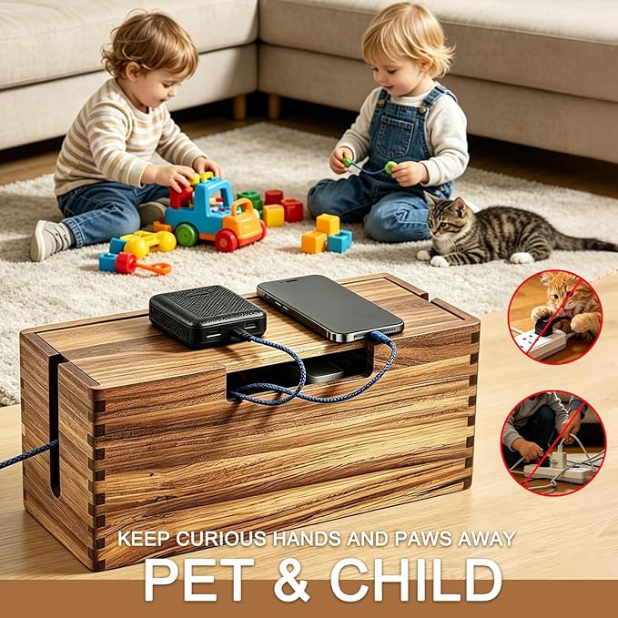 Acacia Wood Cable Management Box - Cord Hider Box for Power Strip, Cable Hider for Desk & Floor TV Wires, Decorative Wire Storage Box for Office, Home Under Desk Cable Storage Box