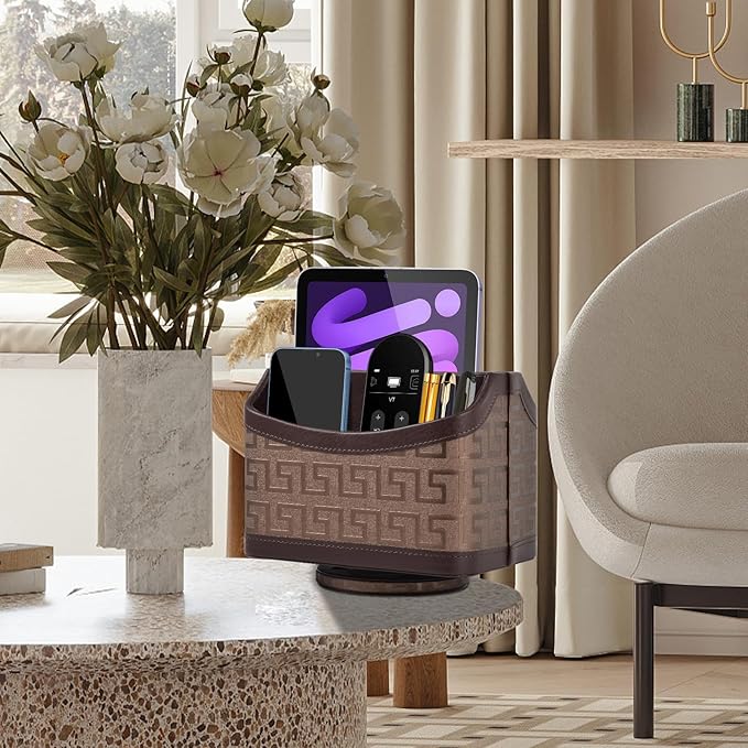 Leather Remote Control Holder 360°Rotatable,Bedside Nightstand Phone Caddy,Office Supplies Storage Box,Desk Organizer for TV Remote Controllers,CD,Pen,Mail,Media Player,Tablets(Coffee Gold)