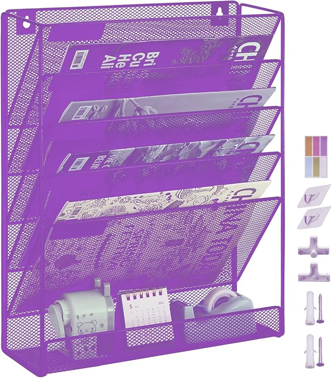 5 Pockets Mesh Wall File Holder Organizer with Bottom Flat Tray, Office Hanging File Folder Magazine Rack, Nametag Label Hooks Set Included, Purple