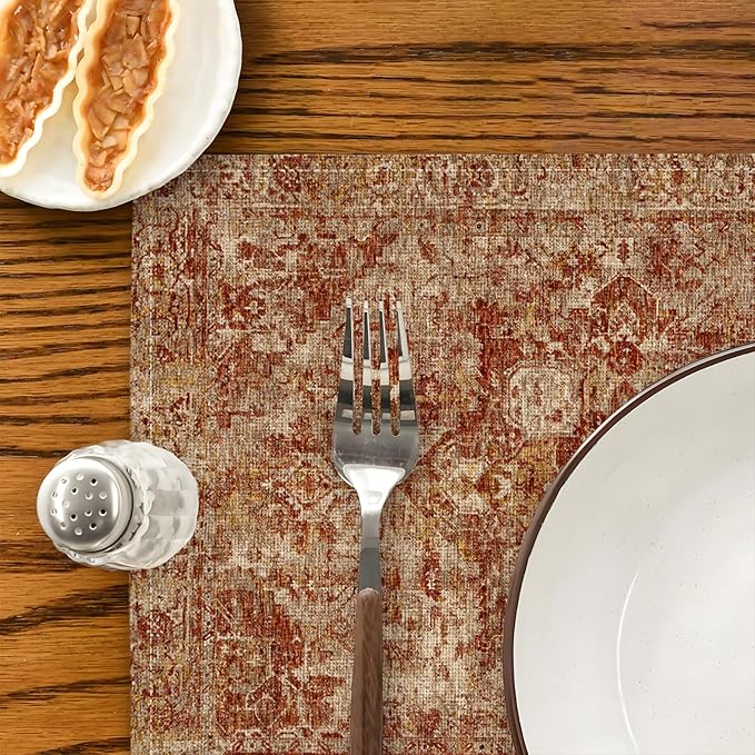 Boho Style Red Placemats Set of 4,Vintage Elegant Farmhouse Table Center Linen Decor,12x18 Inch Country Rustic Farmhouse Magical Fall Table Mats for Party Kitchen Dining Decoration