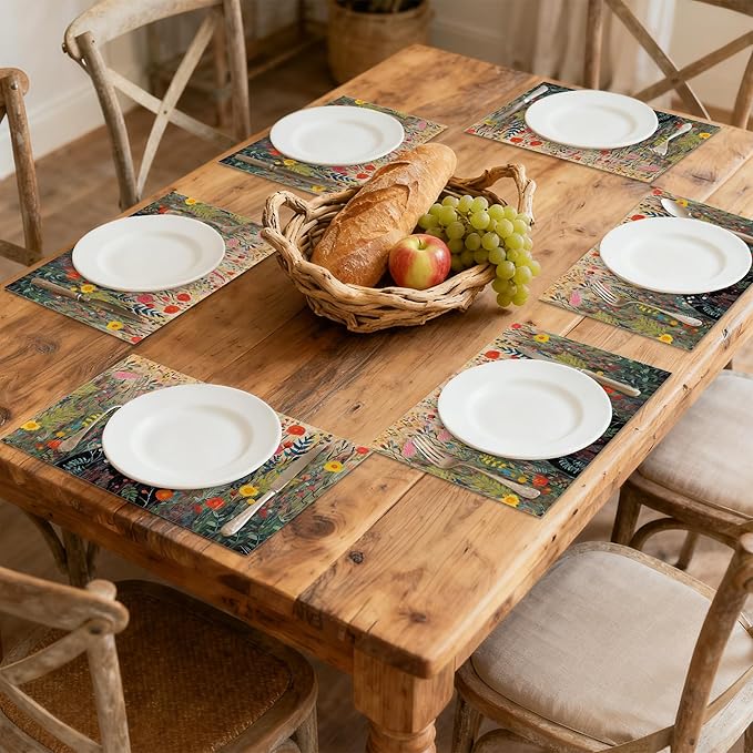 Placemats Set of 6, Cat with Flowers Linen Placemats 12x18 Inch, Heat Resistant Table Mats, Washable Non Slip Place Mats for Dining Table Kitchen Home