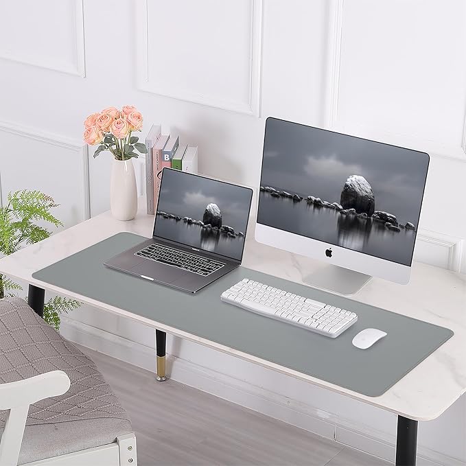 AFIING Cork Desk Mat 47" x 17", Dual-Sided Natural Cork & PU Leather Desk Pad, Non-Slip Waterproof Large Mouse Pad for Office, Home & Gaming (Light Grey)