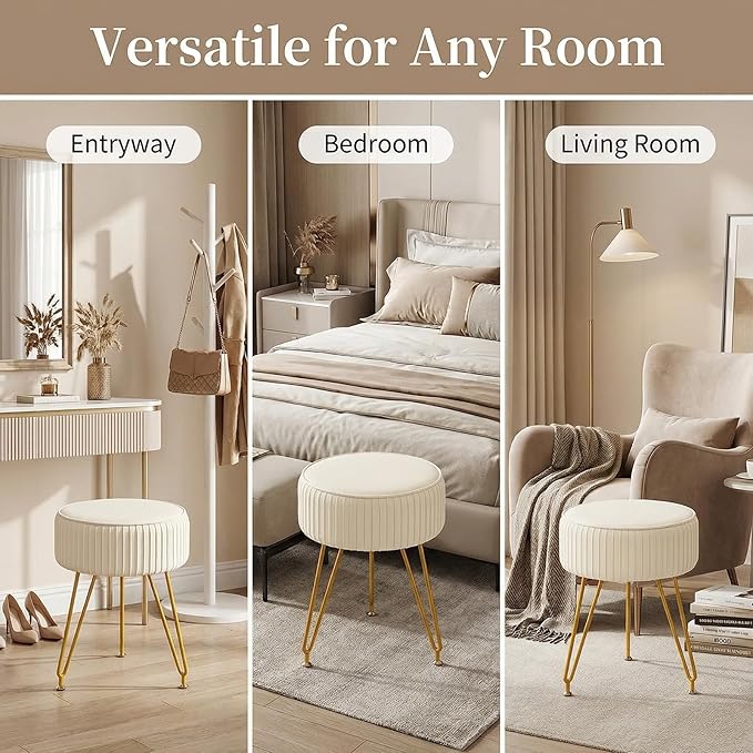Velvet Vanity Stool, Modern Ottoman Foot Rest Stool with Adjustable Golden Legs, Makeup Chair for Vanity, Multifunctional Small Vanity Chair for Bedroom, Beige