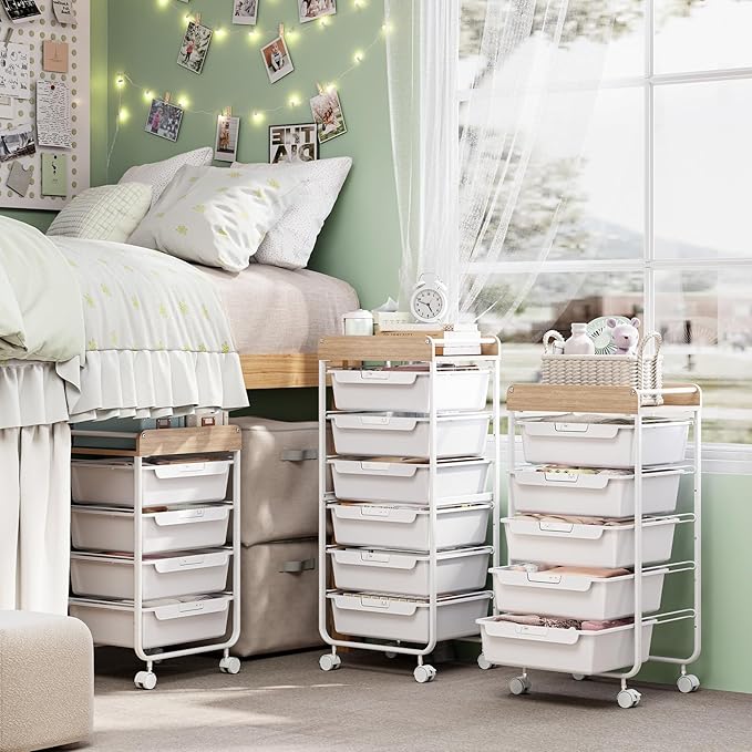 SYKIARIOL Rolling Cart with 6 Drawers,Utility Storage Cart with Drawers,Art Craft Organizers and Storage,Makeup Organizer with Wooden Tabletop,White