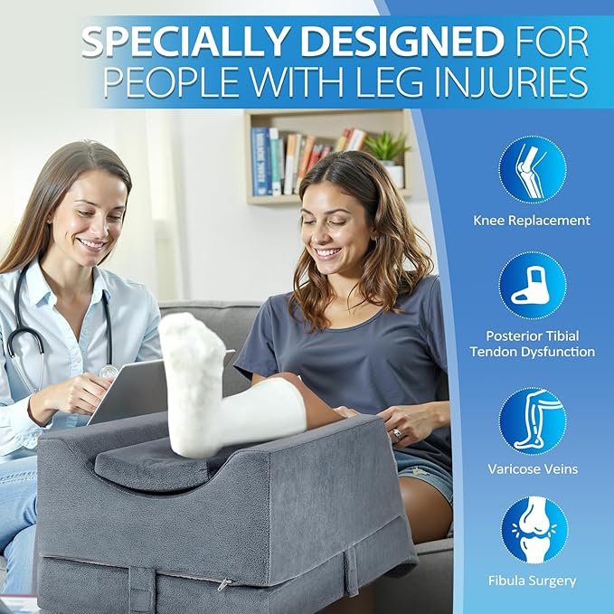 Wellsin 4-Height Adjustable Leg Elevation Pillows for After Surgery, Knee and Ankle Injuries, Memory Foam Leg Wedge Pillow with 3 Handles, 1 Insert Pad and Washable Velvet Cover