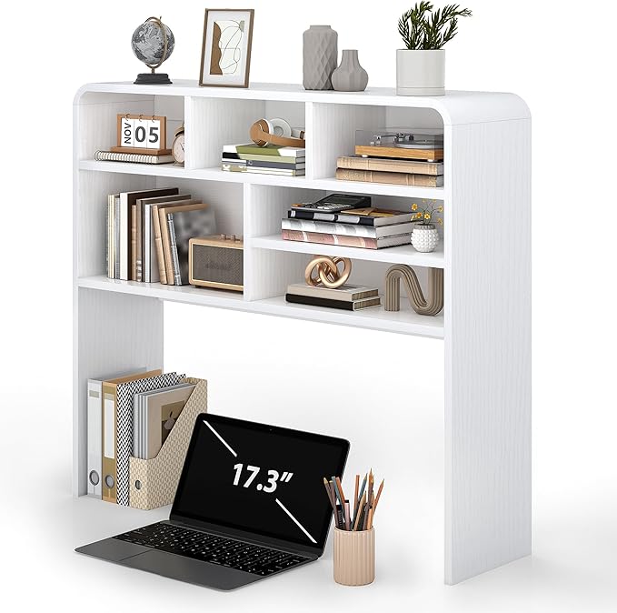 5-Tier Desk Shelf, 37.4''W Desktop Bookshelf for Computer Monitor, Desktop Organizer Shelf Storage Rack with 6 Cubbies, 5-Level Desk Hutch Display Rack for Home, Office, Dorm, Vanity, White