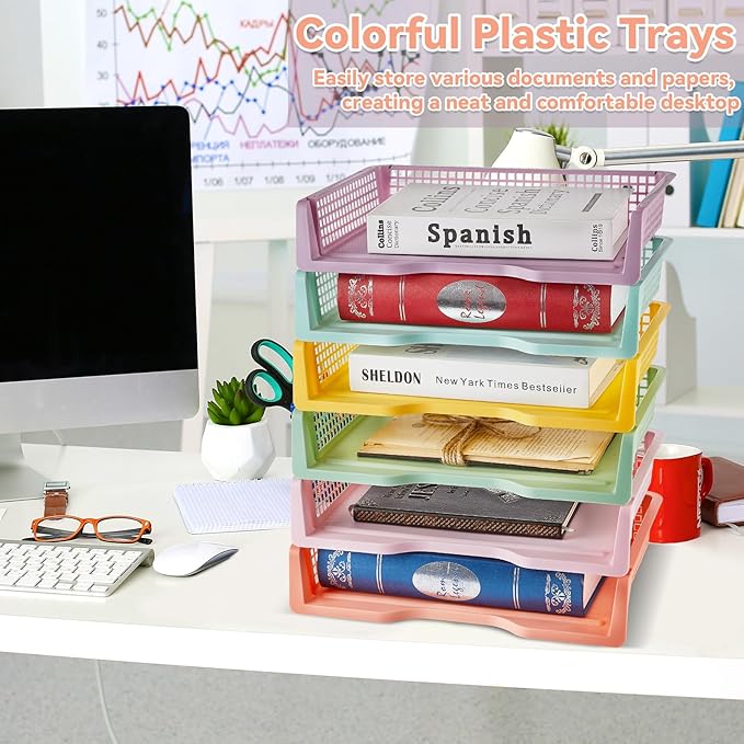 gisgfim 12 Pack Plastic Turn in Paper Trays for Classroom Pastel Storage Bin Basket Organizers for School Teacher Supplies Classroom Office Home Organization Storage Tray Holds 4A Paper File Document