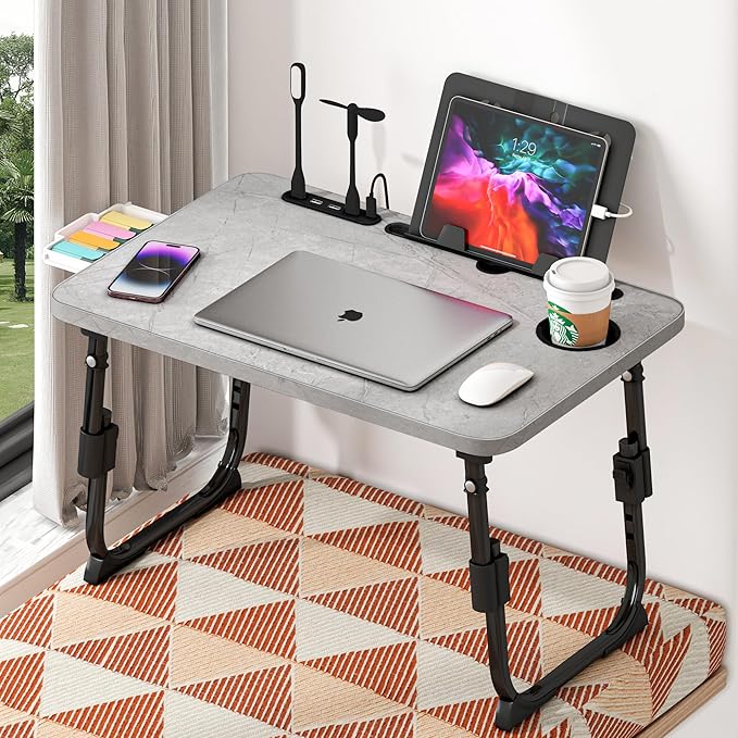 Lap Desk for Bed, Adjustable Laptop Desk with USB Charging Port, Storage Drawer & Bookshelf โ Foldable Bed Desk for WFH & Students, 23.6" Desktop Fits 19" Laptop, Non-Slip, Light Stone Texture