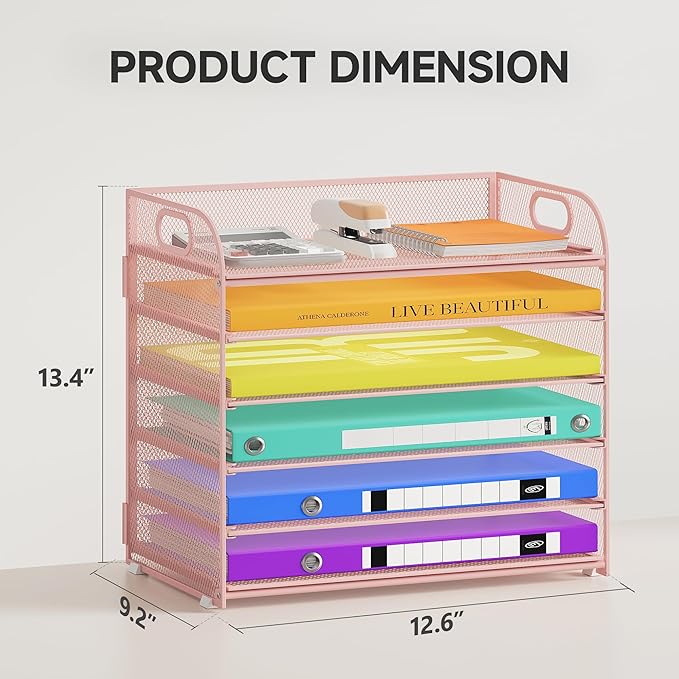 Cawukege 6 Tier Paper Organizer, Pink Letter Tray with Handle, Mesh Desk Organizer, Metal File Organizer, Office Desk Accessories for Home, Office, Classroom, School