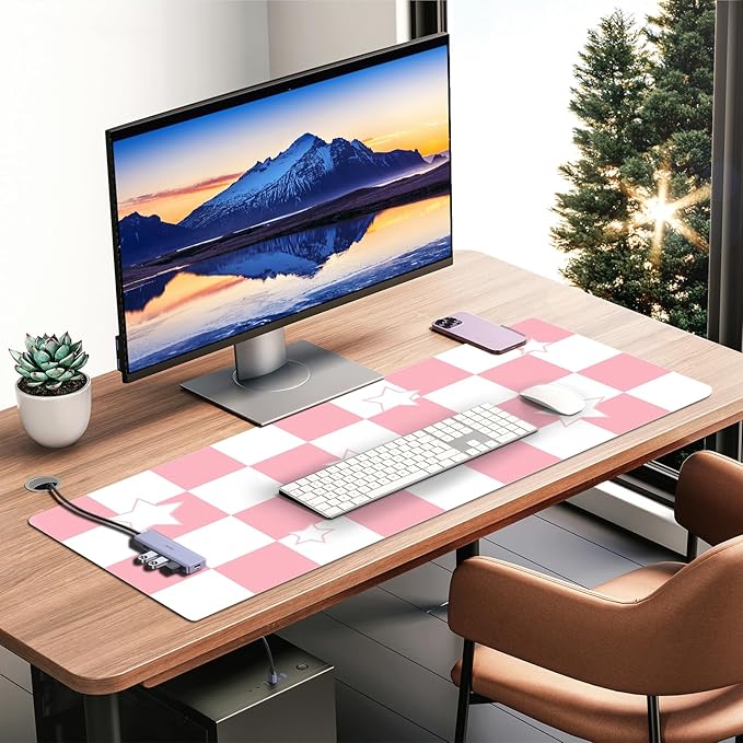 Large Desk Mat 35.4" x 15.7", PU Leather Desk Blotter for Keyboard and Mouse, Non-Slip Office Desk Mat for Desk, Easy Clean Desk Protector Mat, Computer Keyboard Pad for Work Home (Pink, Star)