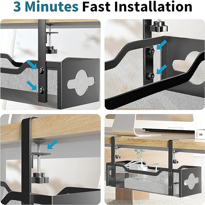 Litwaro Under Desk Cable Management Tray 2 Pack, No Drill, Organizer with Clamp Easy to Install for Standing Cord Organizer, Wire Damage Desk, Black, 13.38''-2 pack