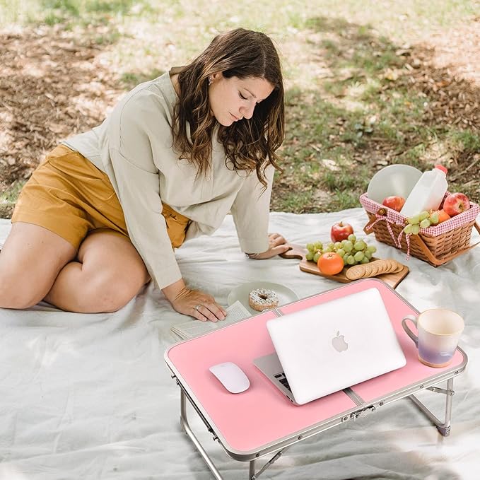Foldable Laptop Table with Hidden Storage, Portable Bed Tray with Folding Legs for Studying, Reading, Working, Breakfast and Picnic, Lap Desk for Sofa, Couch, Floor & Outdoor Use (Pink)
