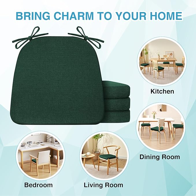 IASEAHK Chair Cushions for Dining Chairs Set of 6, Non Slip Kitchen Chair Pads, 17" x 16" x 2", Indoor Dining Chair Cushions with Ties, D-Shaped Seat Cushions for Kitchen Chairs, Dark Green