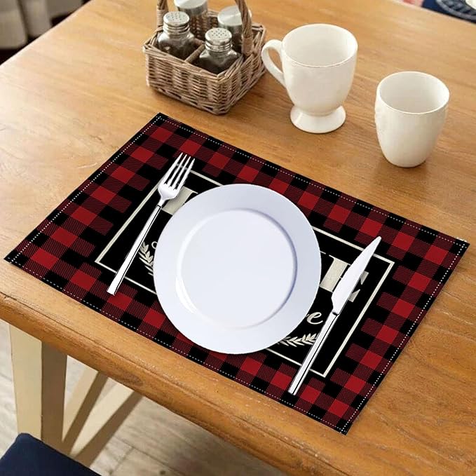 4Pack Farmhouse Decor Placemats Red White Buffalo Plaid Kitchen Inspirational Quotes Decor Table Mats Waterproof Heat Resistant Washable Non-Slip Place Mats for Dinner Kitchen Decor Table 12”×16”
