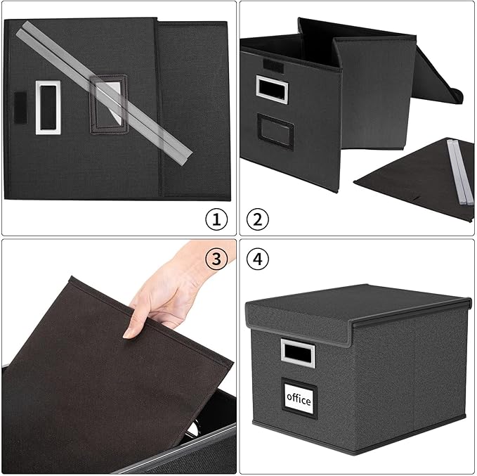 New Portable File Organizer Boxes Set of 4, Collapsible Linen Hanging Filing Storage Boxes with Plastic Slide, Decorative Home/Office Filing System for File and Folders Storage (Black)