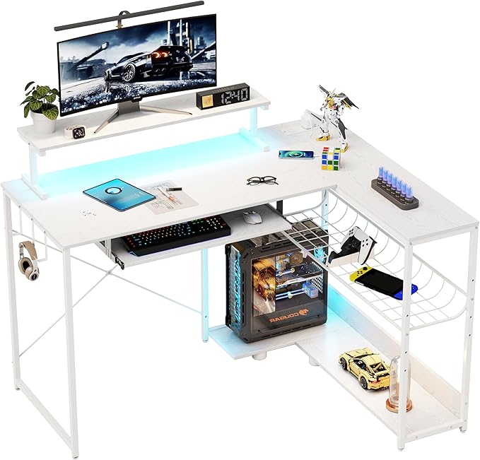 L Shaped Gaming Desk with Power Outlets & RGB Lights, 46'' L- Shaped Desk Computer Corner Desk with Monitor Stand & Storage Shelf & Hook, Home Office Desk Writing Desk, White