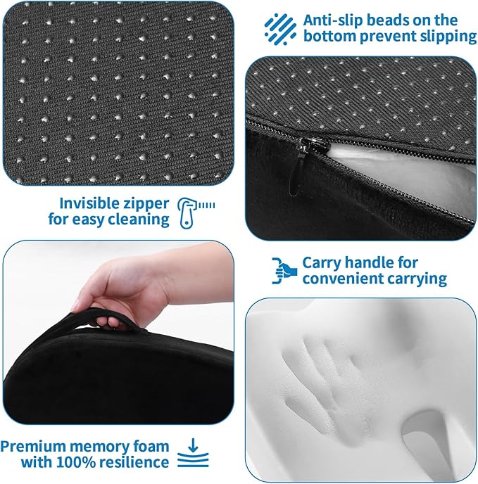Memory Foam Seat Cushion for Office Chair & Car - Tailbone, Sciatica & Coccyx Pain Relief Butt Pillow - Ergonomic Orthopedic Desk Chair Pad for Long Sitting, Gaming & Travel, Black