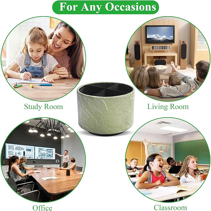 Round Leather Art Supply Organizer,Remote Control Holder,360 Degree Spinning,Multi-Functional Pencil Holder,4 Compartments Desktop Stationary Organizer(1-Hill Green)