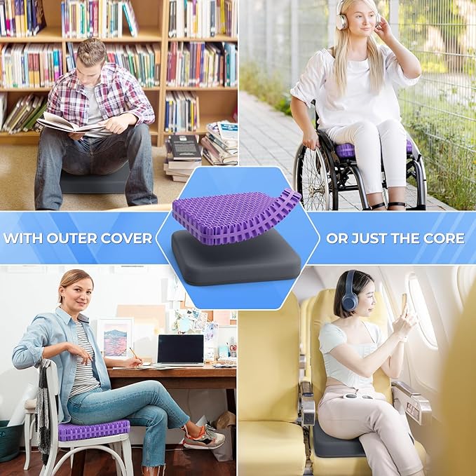 TushGuard Gel Seat Cushion for Long Sitting, Enlarged & Thickened Patent Design, Breathable Cooling for Office Chair, Soft Car Seat Cushion for Wheelchair (2.2" Thick, Black)