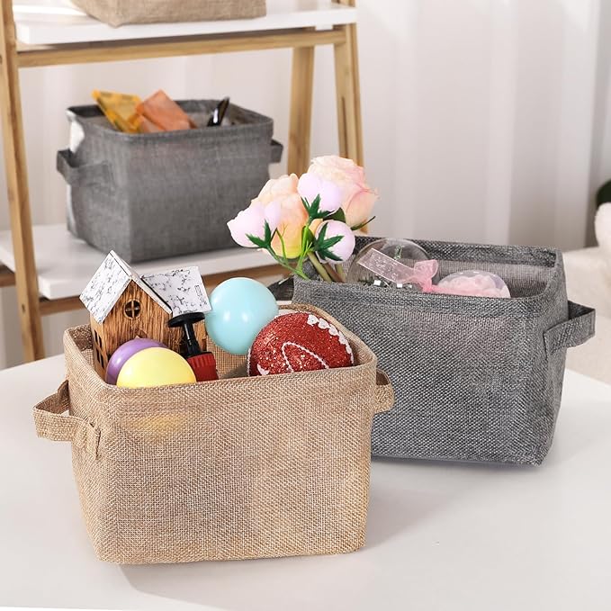 AARAINBOW Storage Basket Bins Canvas Mini Storage Cubes Storage Basket for Makeup, Baby Toys Liners, Books Nursery Storage Baskets with Handles for Shelves & Desks(3 Jute)