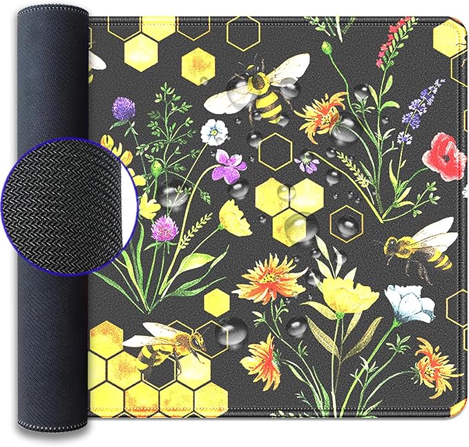 Bees and Honeycombs Mouse Pad,XL Large Wildflowers Mousepad Desk Pad with Stitched Edges,Non-Slip Waterproof Rubber Base Mouse Mat Desk Mat for Office Computer Keyboard Laptop Home 27.5x11.8 in