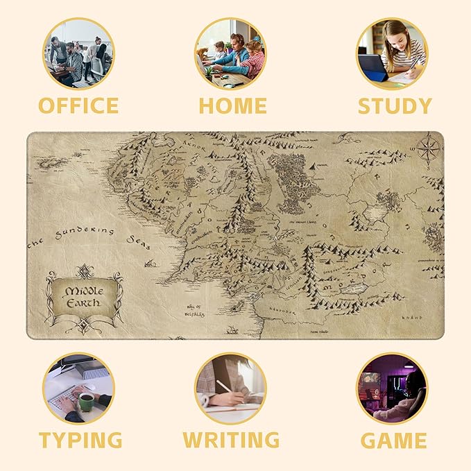 Middle Earth Map Large Extended Gaming Mouse Pad Fantasy Map Desk Mat 31.5 x 15.8 in, XXL Mousepad for Keyboard and Mouse, Non-Slip Rubber Base Mousepad with Stitched Edges for Office Desk Decor