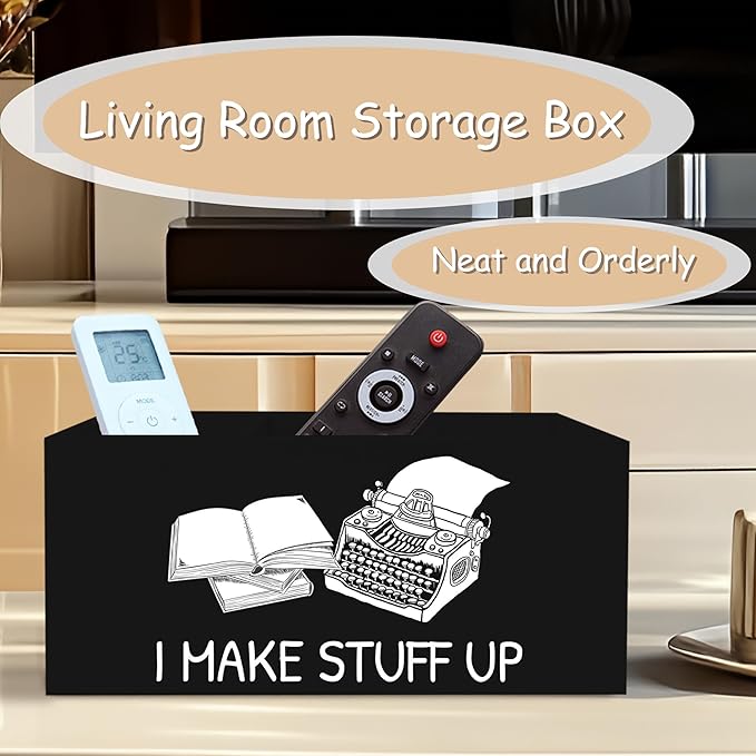 Funny Writer Pen Pencil Holder Organizer for Desk, Gifts for Writers and Authors, I Make Stuff Up Wooden Box Block Sign for Home Office Tabletop Decor