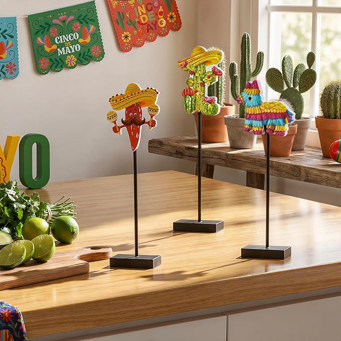 Smile Cinco De Mayo Tabletop Decor Mexican Fiesta Standing Figures (Cactus, Chili Pepper, Piñata) with Wooden Base & Sticks for Tiered Tray & Party Display