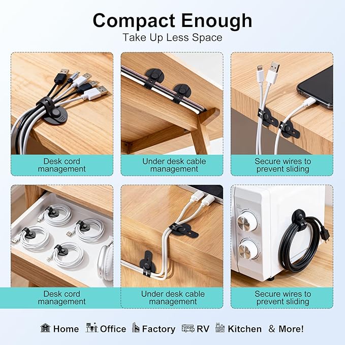 12Pcs Silicone Integrated Design Cable Management for Computer, TV, Machine Cords in Homes, Offices, Schools, Classrooms and Factories, Adjustable Elastic Self Adhesive Cord Organizers, Black