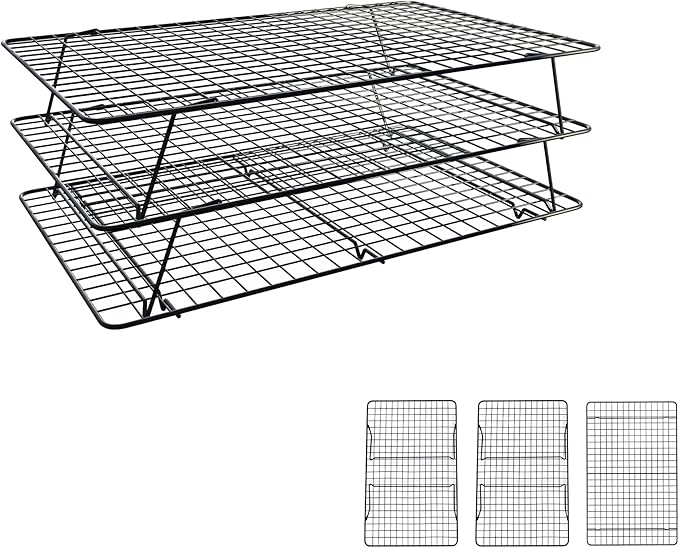 Cooling Rack, 3 Tier Stackable Cooling Racks for Cooking Baking Roasting, Multi-Level Collapsible Cookie Rack for Cakes, Oven Safe & Easy Clean (Black, 3-Tier-SL)