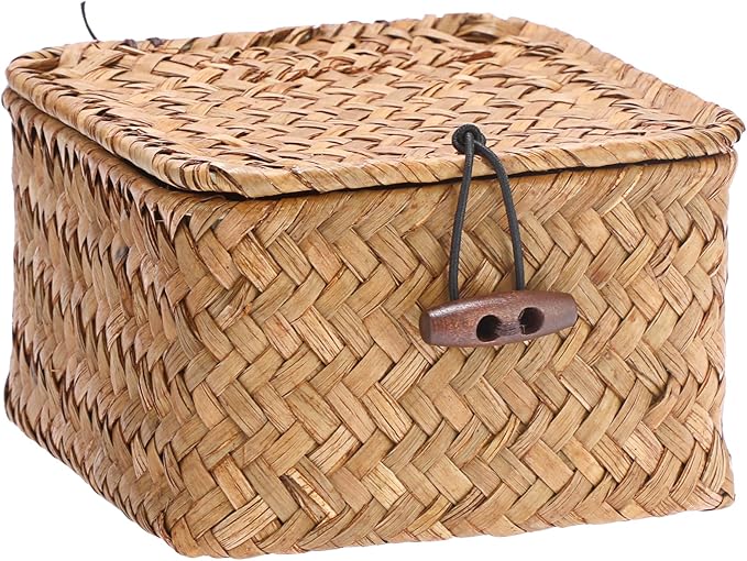 Hipiwe Handwoven Seagrass Basket Decorative Shelf Basket with Lid Mini Square Wicker Storage Box, Caramel Color, 4.7" x 4.7" x 3"