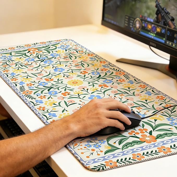 Large Gaming Mouse Pad Green Floral Desk Mat,Non-Slip Rubber Base Stitched Edges,Extended Mousepad for PC,Laptop,Office,Home Decor(31.5 x 11.8 Inch)