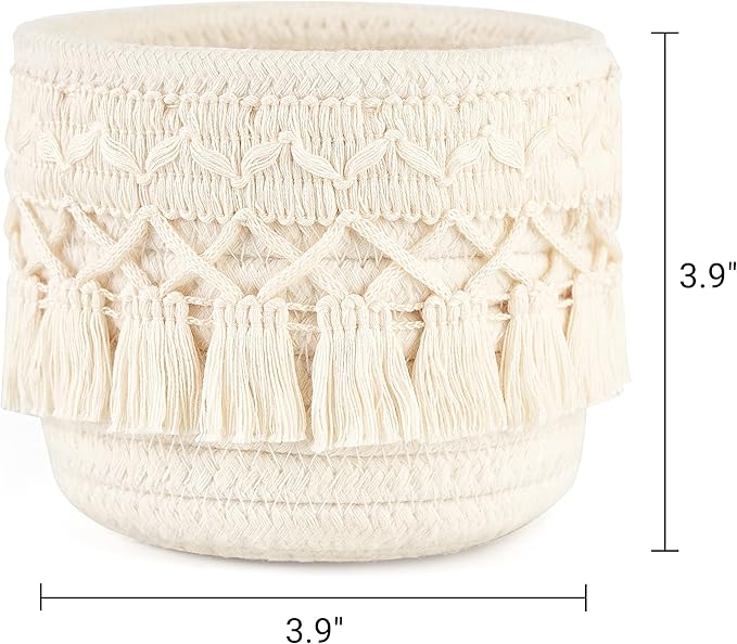 Mkono Macrame Makeup Brush Holder Organizer Comb Brushes Mini Storage Basket Set of 2 Boho Decor Baskets for Pen Pencil Box Container, X-Small, Ivory