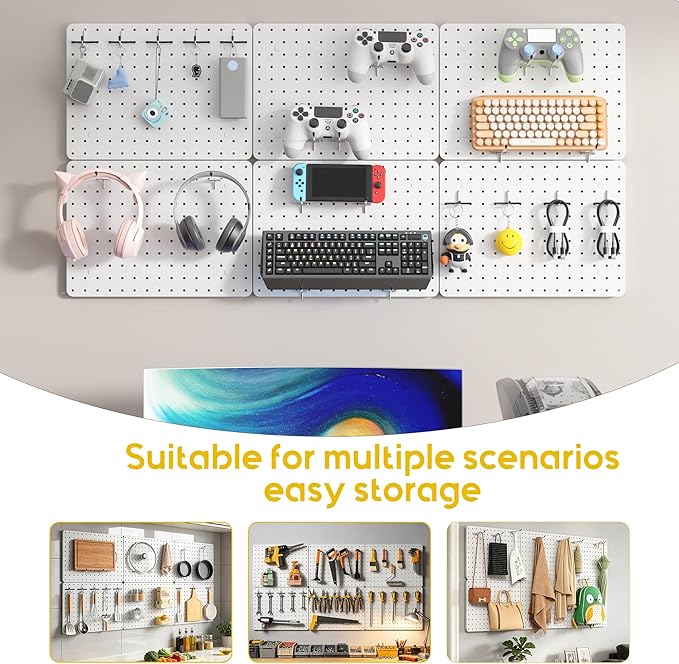 Peg Board for Tools, 6 Pack Metal Pegboard Wall Organizer with Hooks,14.76"×10.82" White Pegboard Panels for Walls Home, Garage Tool Storage, Kitchen, Office Organization, Craft Room