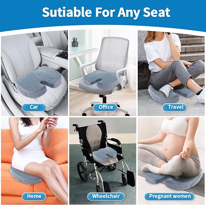 Car Seat Cushion, Memory Foam Cushion for Wheelchair, Cars, Desk, Gaming & Office Chairs, Ergonomic Pad for Tailbone Pain Relief Sciatica & Back Support, Non Slip, Grey