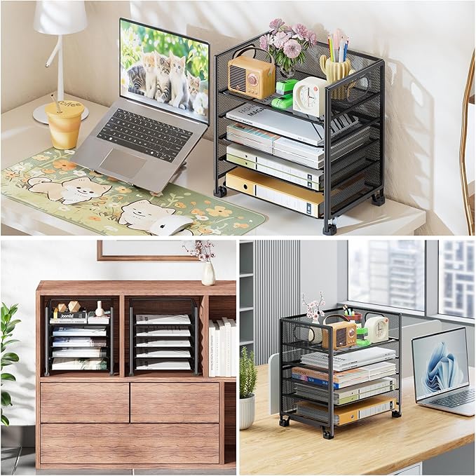 Simple Trending 5-Tier Paper Organizer for Desk– Letter Tray & File Holder with Handle, Metal Mesh Desktop Document Shelf for Office, Black