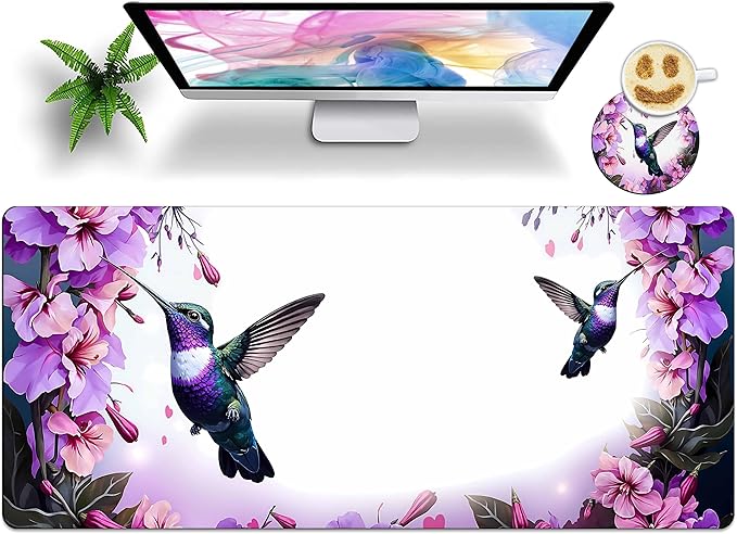 Extended Large Mouse Pad with Coaster 31.5x11.8 Long XL Mousepad Desk Mat for Keyboard and Mouse, Waterproof Non-Slip Desk Pad, Office Essentials Desk Accessories for Home Office-Hummingbird