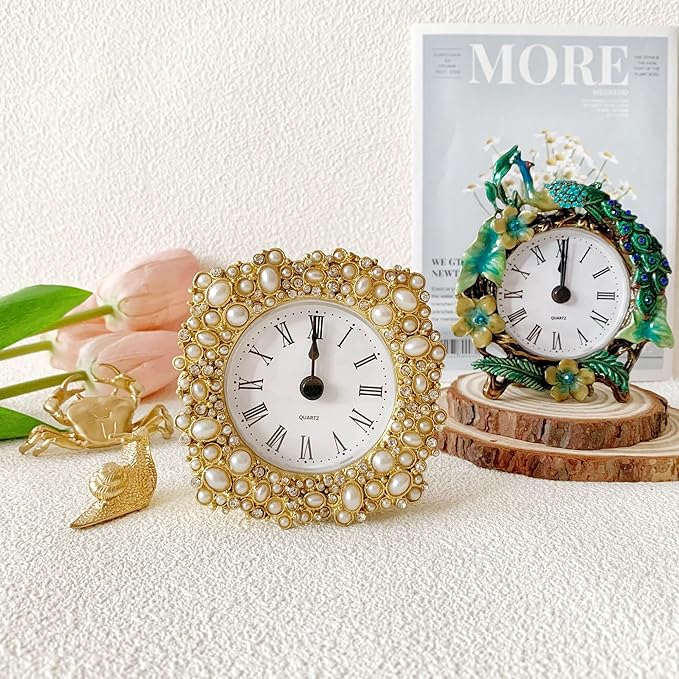Silent Mini Vintage Analog Table Clock with Faux Pearls Metal Body and Battery Operated Non-Ticking Core for Shelf, Bedroom, Bedside, Desk, Gift Clock