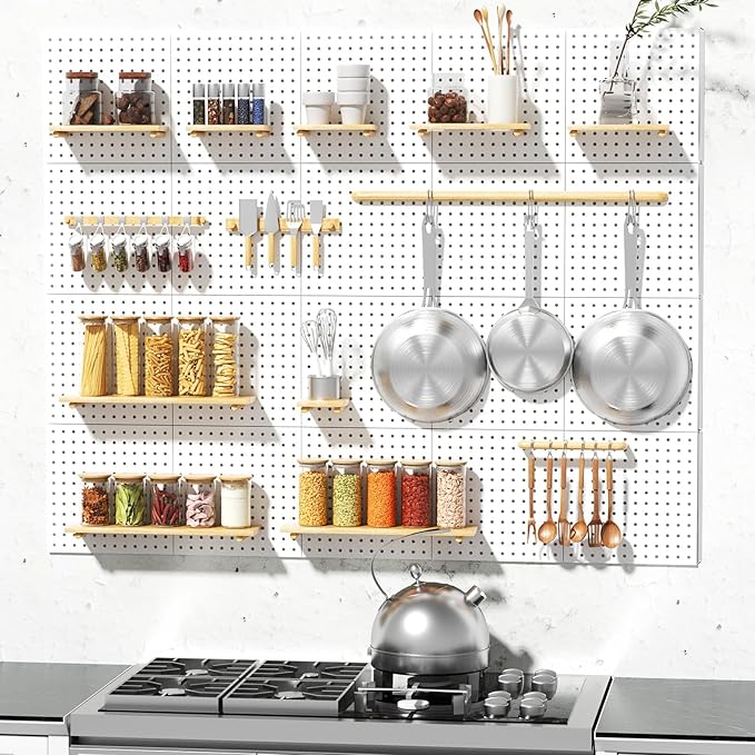 FZK Peg Board, 25pcs PegBoard Wall Organizer, 12in*12in, Includes 4 White Pegboard and Accessories, Plastic Pegboard for Room, Office, Craft Room, Kitchen and Bathroom