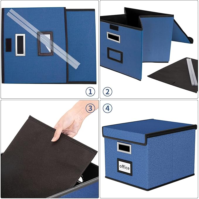 Decorative File Organizer Boxes Office Document Storage with Lids, Portable Collapsible Linen Hanging Filing & Storage Boxes for Office/Decor/Home (Royal Blue) -14.9 x 12.7 x 10.8 inch -4 Pack