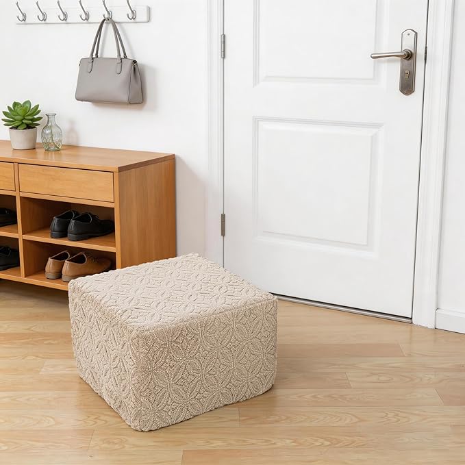 Furry Square Pouf Ottoman – 20"x14" One-Piece Seamless Integral Foam Foot Stool Ottoman Foot Rest Living Room Bedroom Under Desk (Light Coffee)