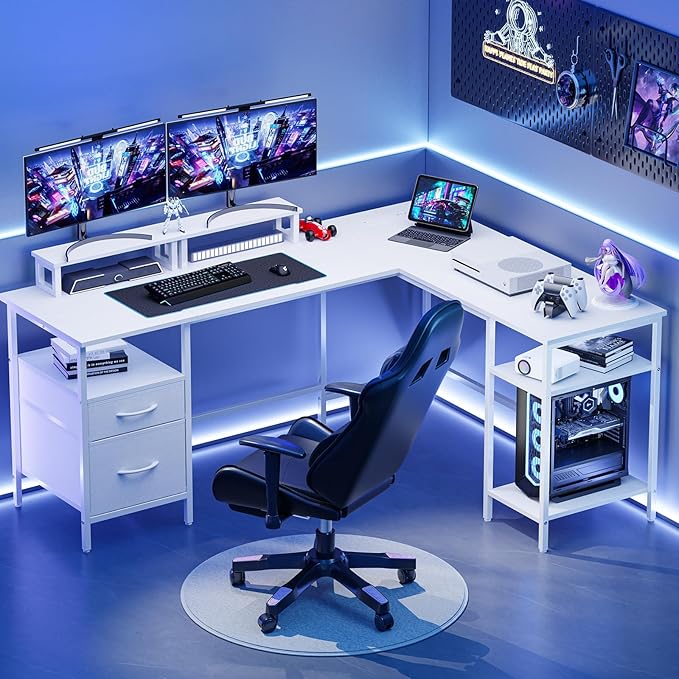 DUMOS 62 Inch L Shaped Gaming Desk with Charging Station & 2 Monitor Stands, Computer Desk with Drawer & Adjustable Storage Shelves, Large Corner Desk for Home Office, Light White