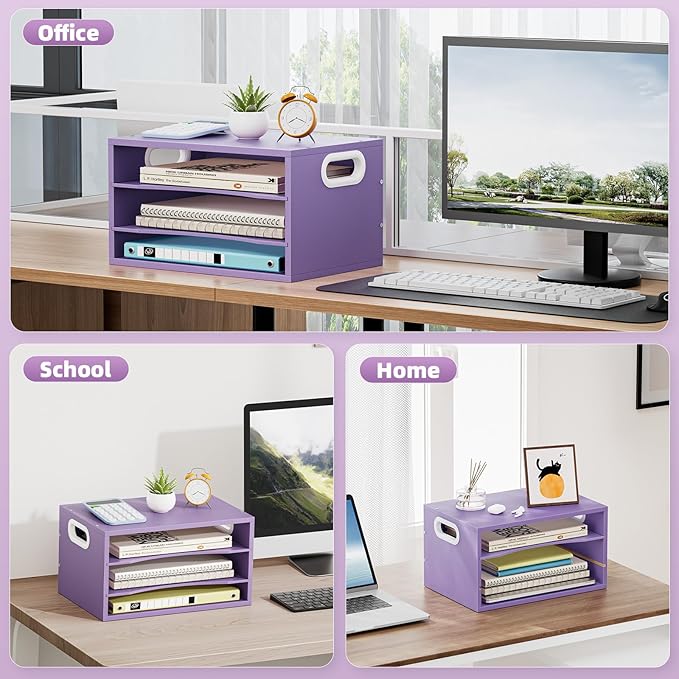 Marbrasse 3 Tier Wood Desk Organizer, Paper Letter Tray Organizer for Desk,Wooden Desktop File Organizer with Handle and Paper Sorter Mail Holder for Office School & Home Supplies Organization-Purple
